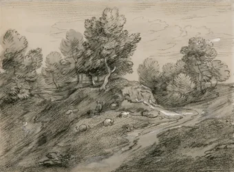 Wooded Upland Landscape with Shepherd and Sheep and Country Track Winding Around a Knoll